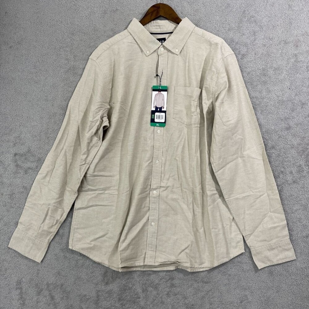 NEW Gap Mens XL Long Sleeve Oxford Shirt Beige 98% Cotton 2% Spandex